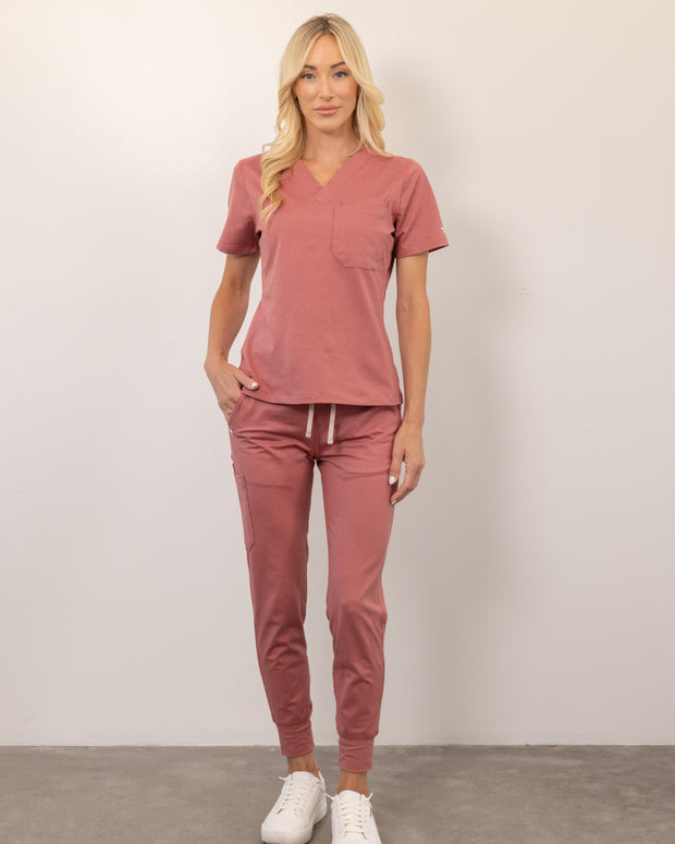 Women's Deep Coral V-Neck Scrub Top