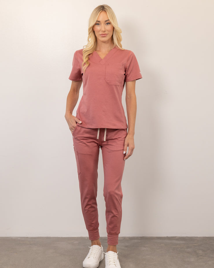 Women's Deep Coral V-Neck Scrub Top