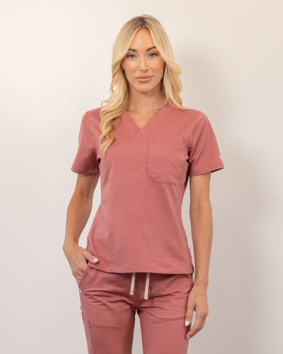 Women's Deep Coral V-Neck Scrub Top