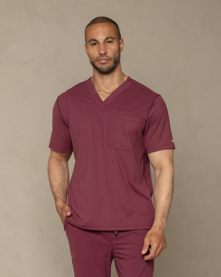 Men's Burgundy V-Neck Scrub Top